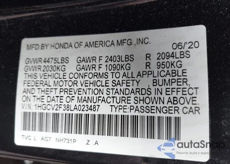 2020 Honda Accord Sport 2.0T из США, поврежденный, VIN 1HGCV2F38LA023487